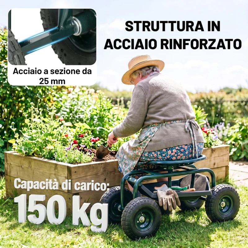 Outsunny Carrello da Giardino con Sedile Regolabile e Vassoio Inferiore, in Acciaio, e PP, 83x36.5x45-60 cm, Verde Scuro