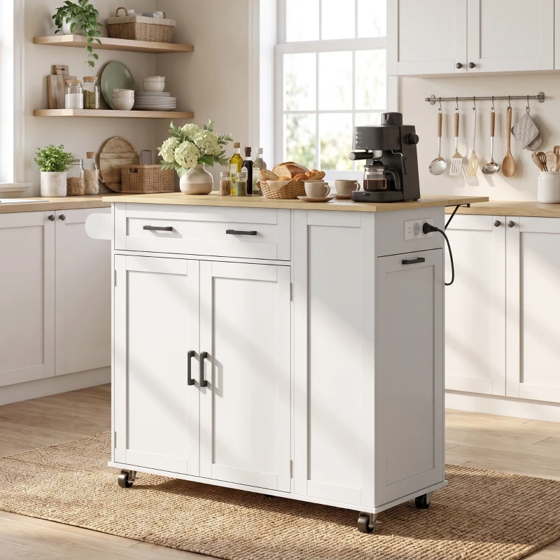 HOMCOM Ilha de Cozinha com Rodas, Tampo Extensível, Estação de Carregamento, Compartimento para Balde, Prateleiras nas Portas, Branco