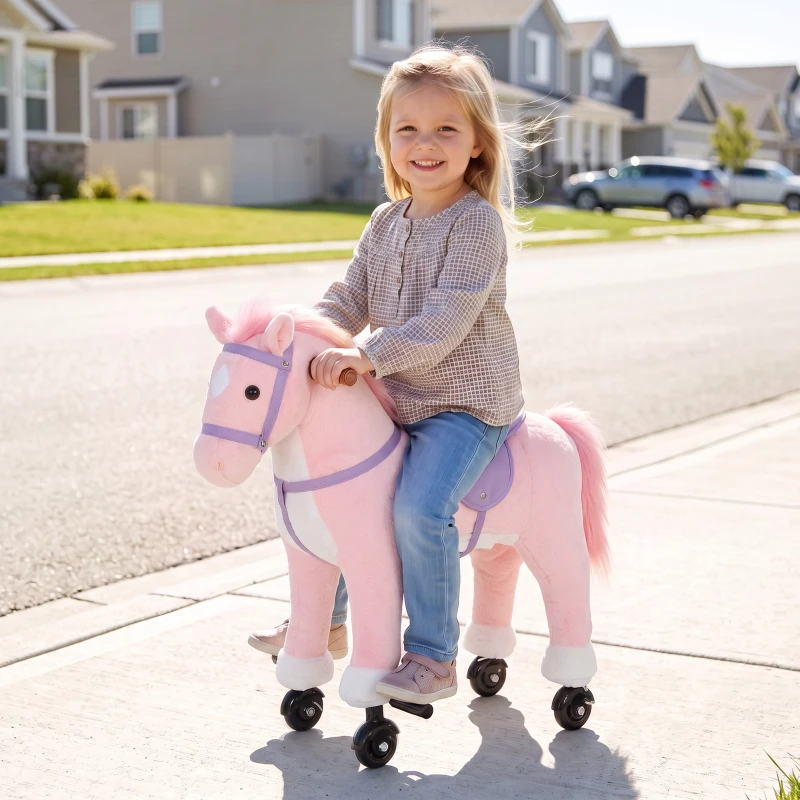AIYAPLAY Cavalo de Brincar com Rodas, Som de Cascos, Música, Pedais e Pegas, Estrutura Metálica, +3 Anos, 50 kg, Rosa
