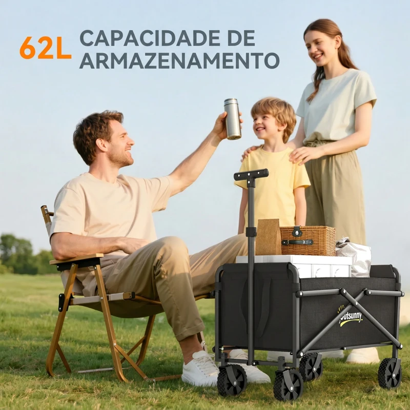 Outsunny Carro de Praia Dobrável com Rodas, Pega Ajustável, Estrutura em Metal e Saco de Transporte, até 60 kg, para Jardim e Campismo, Preto