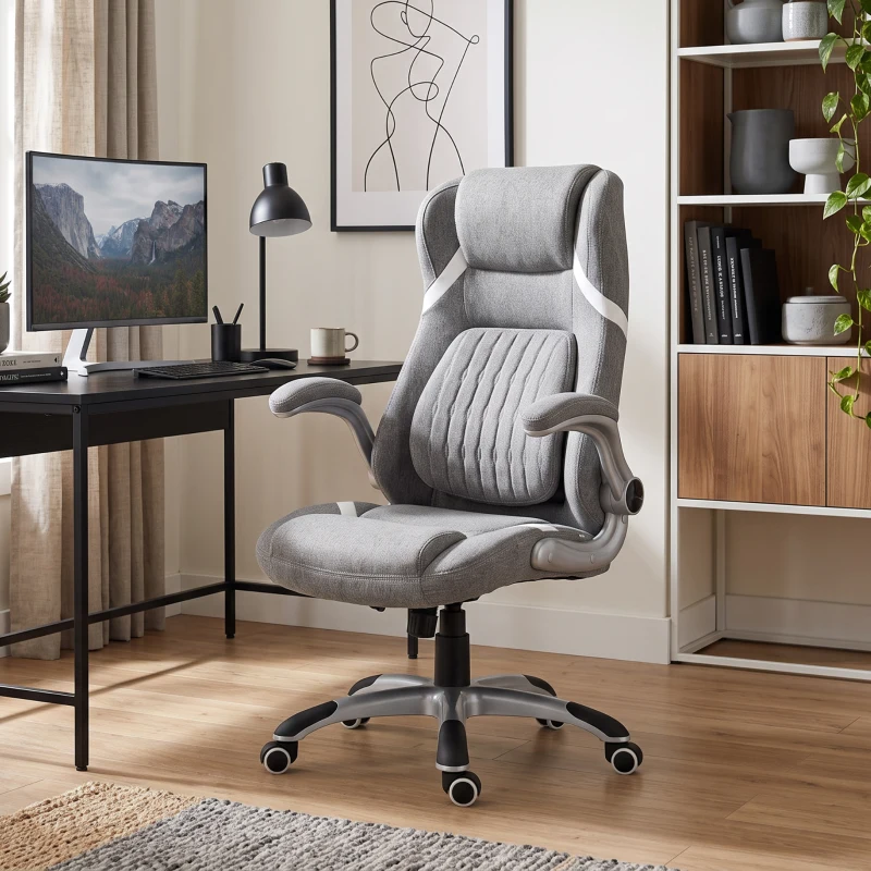 Vinsetto Scaun de Birou Ergonomic din Țesătură Respiranta Efect In, Înălțime Reglabilă, 68x76x109-117cm, Gri