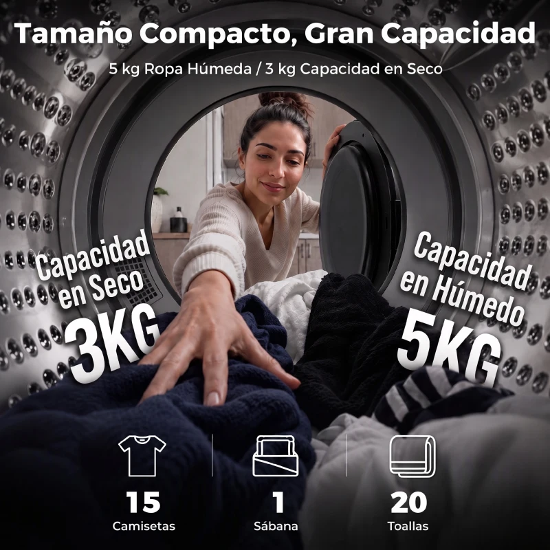 HOMCOM Secadora de Evacuación 3 kg 1000W con Pantalla Táctil Control de Tiempo y Temperatura Función Antiarrugas Blanco