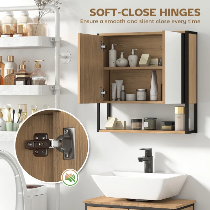 HOMCOM Bathroom Mirror Cabinet with Soft-Close Doors and Adjustable Shelf - Natural Wood Finish