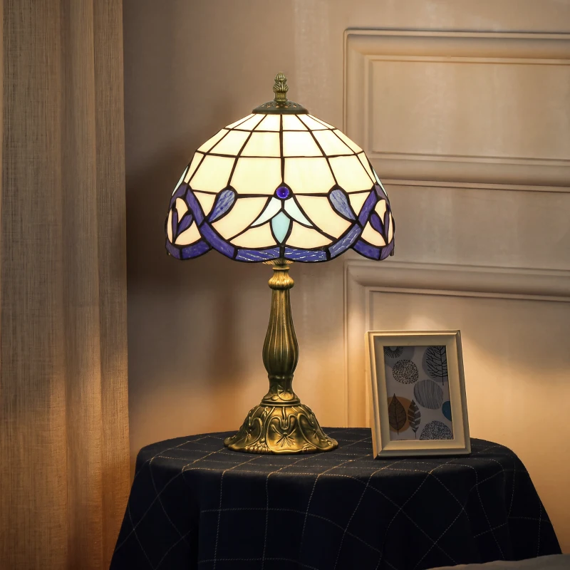 HOMCOM Candeeiro de Mesa Tiffany Vintage Candeeiro de Cabeceira com Abajur em Vidro Colorido para Quarto e Sala Azul