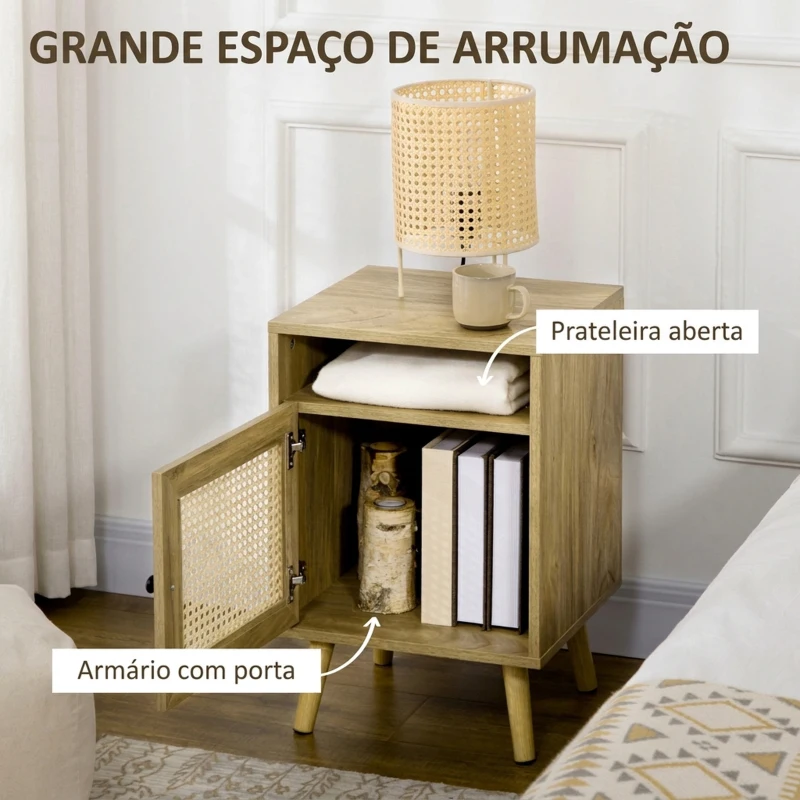 HOMCOM Conjunto de 2 Mesas de Cabeceira com Portas de Vime e Prateleira Aberta Mesa Auxiliar 39x35x60 cm Madeira