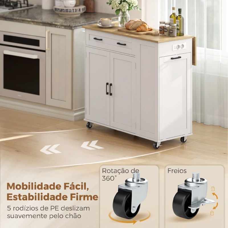 HOMCOM Ilha de Cozinha com Rodas, Tampo Extensível, Estação de Carregamento, Compartimento para Balde, Prateleiras nas Portas, Branco