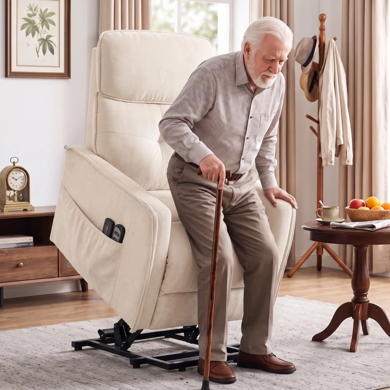 HOMCOM Sillón Relax Reclinable Eléctrico Levanta Personas con 2 Puntos Masaje Asiento con Muelles Reposapiés de Chenilla Crema