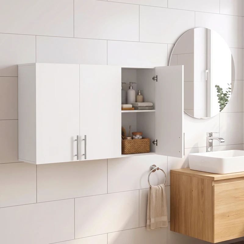 HOMCOM Bathroom Wall Cabinet, Wall-Mounted Bathroom Storage Cabinet with 3 Doors, Adjustable Shelf, High Gloss White