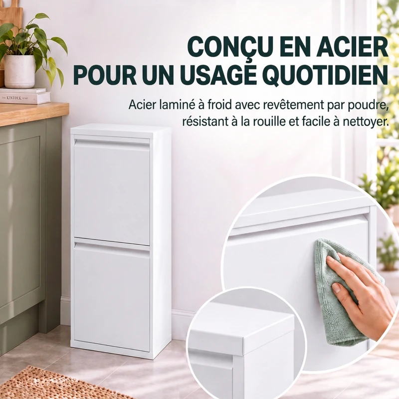 HOMCOM Meuble Poubelle de Tri Sélectif, Poubelle de Recyclage 30 L (2 x 15 L) avec 2 Compartiments, Fermeture Douce, Blanc