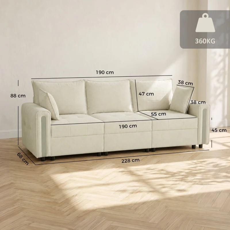 HOMCOM 3 Seater Sofa with Lift-Up Storage, 228cm Comfy Velvet Couch with Wide Deep Seat, Beige