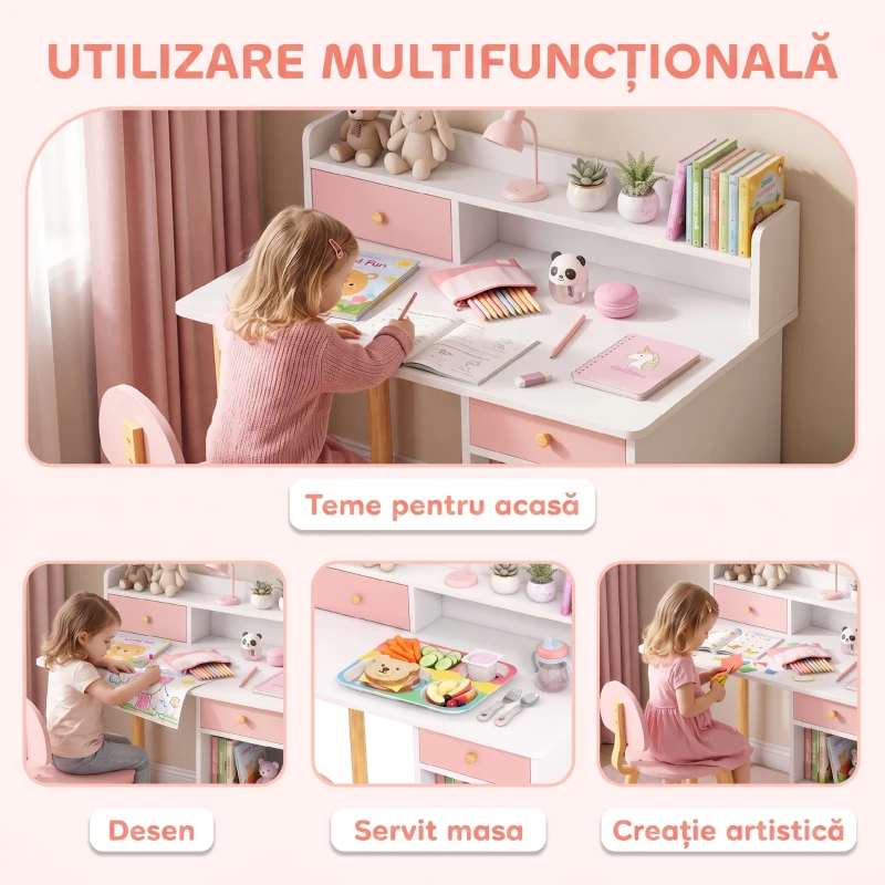 AIYAPLAY Set birou și scaun pentru copii din lemn, cu 2 sertare și rafturi, pentru cameră, birou sau grădiniță, roz
