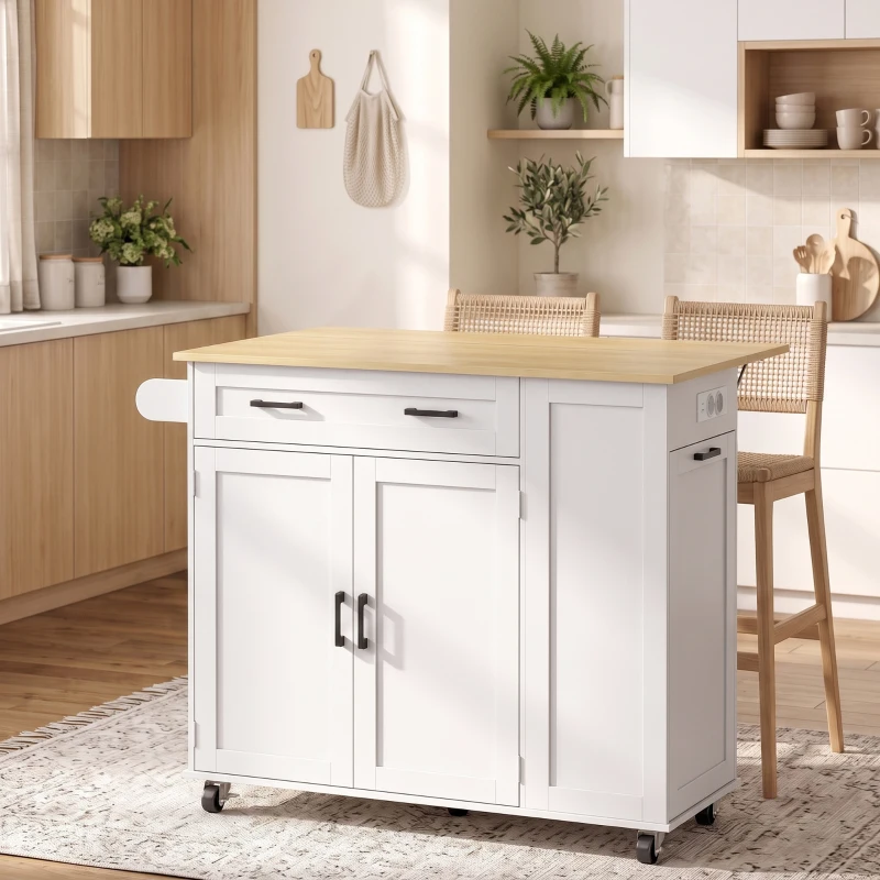 HOMCOM Ilha de Cozinha com Rodas, Tampo Extensível, Estação de Carregamento, Compartimento para Balde, Prateleiras nas Portas, Branco