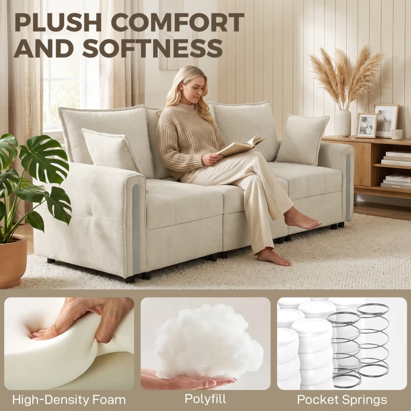 HOMCOM 3 Seater Sofa with Lift-Up Storage, 228cm Comfy Velvet Couch with Wide Deep Seat, Beige