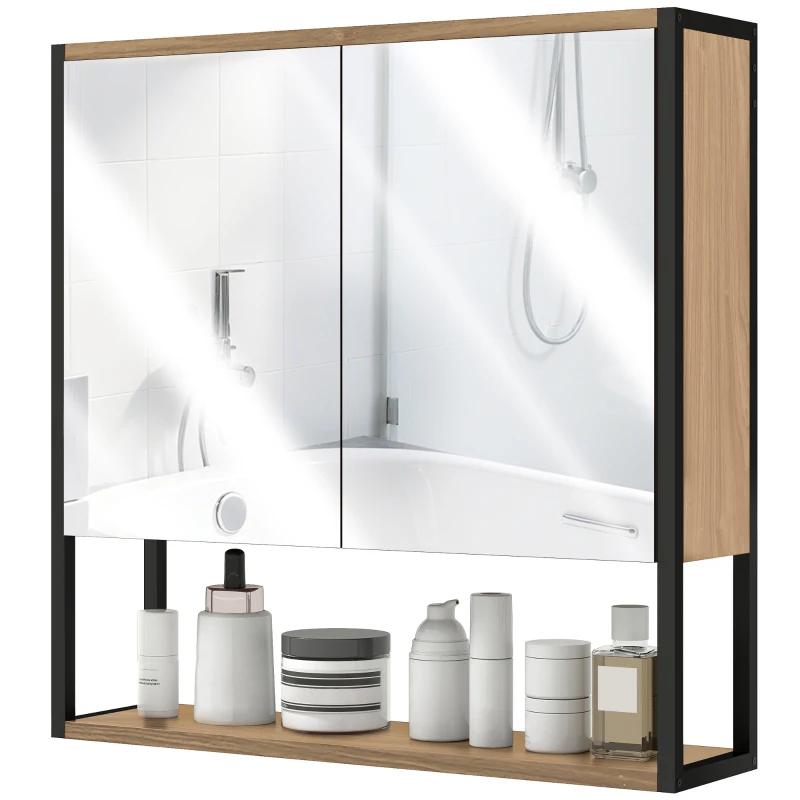 HOMCOM Bathroom Mirror Cabinet with Soft-Close Doors and Adjustable Shelf - Natural Wood Finish