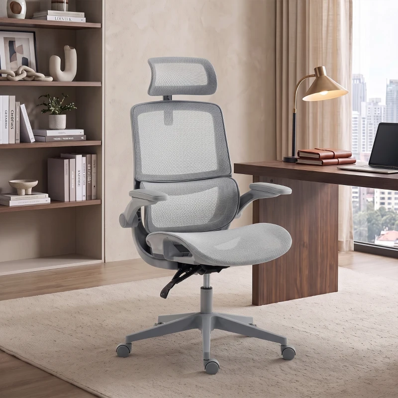 HOMCOM Cadeira de Escritório Ergonómica com Apoio Lombar Dinâmico, Reclinação 135°, Encosto de Cabeça e Apoios de Braços Ajustáveis, Cinzento