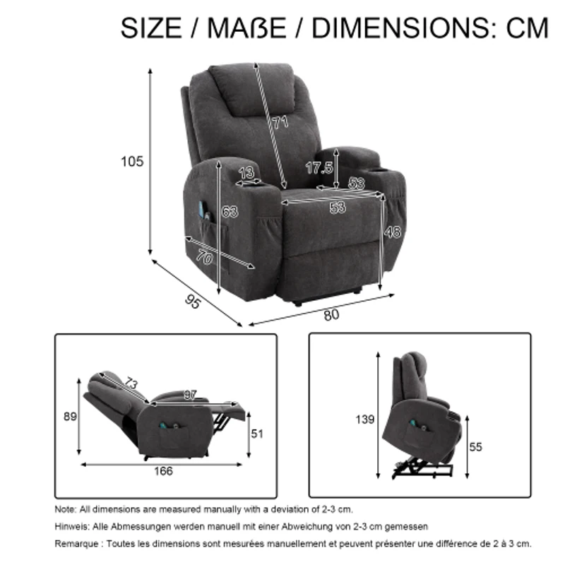 Power Lift Electric Recliner Chair with Massage, Heating, Cup Holders and Side Pockets, Recliner Armchair for Elderly, 80x95x105 cm, Grey
