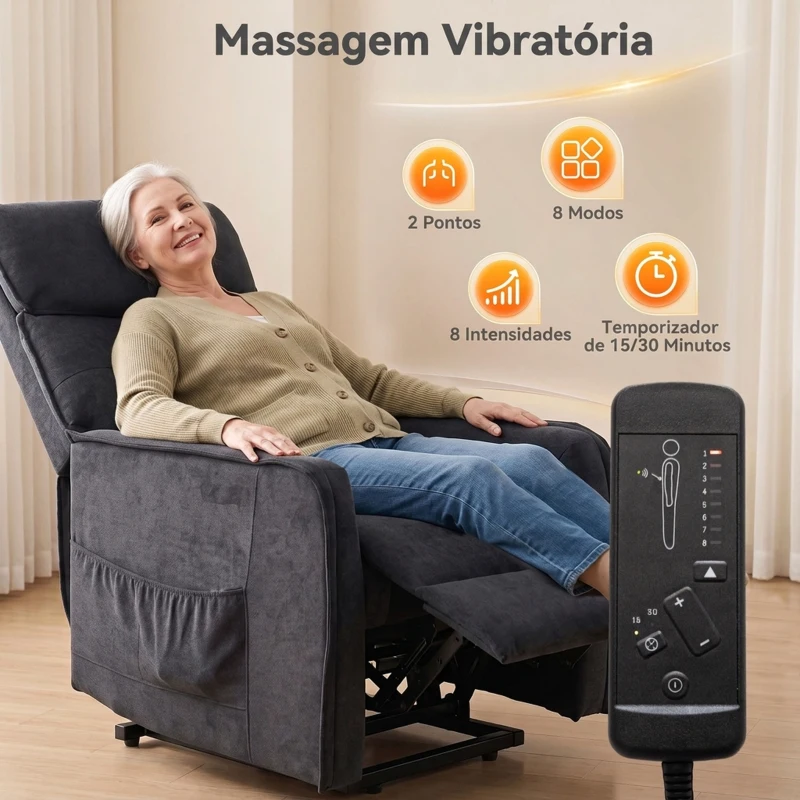 HOMCOM Poltrona Relax Reclinável Elétrica Elevatória com 2 Pontos de Massagem, Assento com Molas, Apoio para os Pés, Chenille, Preto