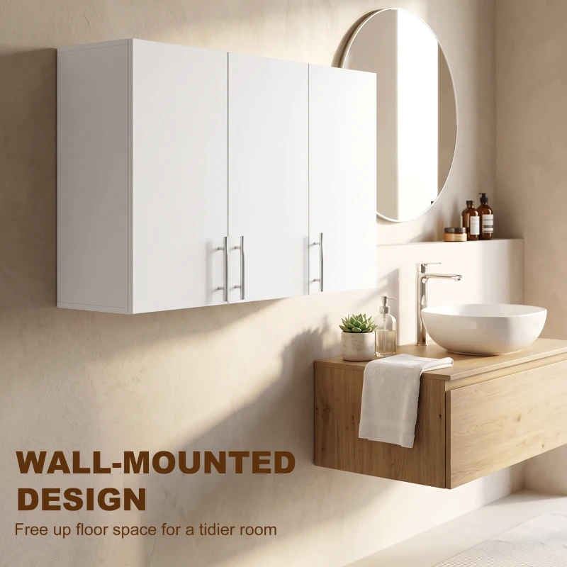 HOMCOM Bathroom Wall Cabinet, Wall-Mounted Bathroom Storage Cabinet with 3 Doors, Adjustable Shelf, High Gloss White