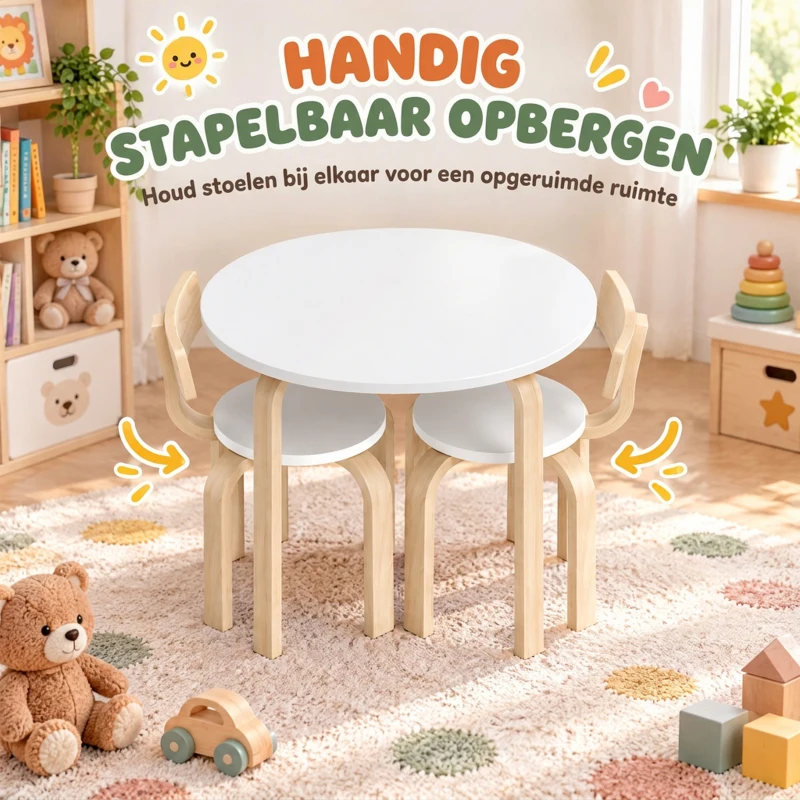 AIYAPLAY Kindertafel met 2 stoelen, 3-delige stapelbare kinderzitgroep met afgeronde hoeken, wit, voor 3-8 jaar