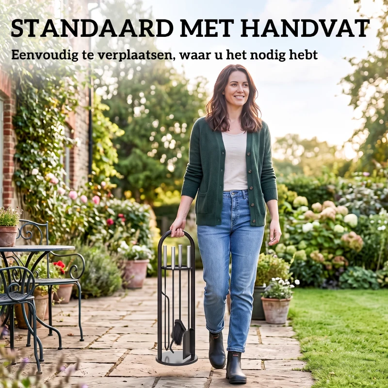 Outsunny Haardgereedschap 5-delig – bezem, schep, haak, tang & standaard, zwart