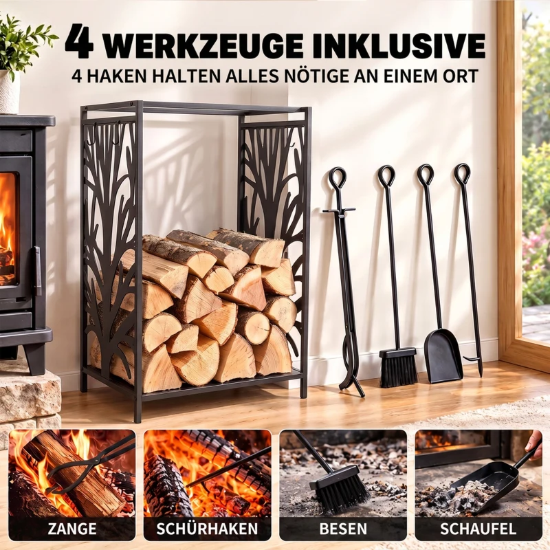 HOMCOM Kaminholzregal für innen Stahl 46 x 30 x 70cm Brennholzregal mit 4 Kaminwerkzeug 4 Haken Kaminbesteck Set Kaminholzständer für Kamin Ofen Feuerholzregal Kaminholzhalter für Feuerholz, Schwarz