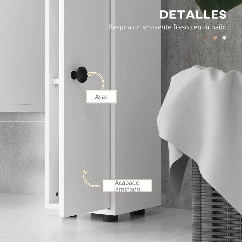 kleankin Mueble Auxiliar Baño Moderno con 1 Cajón 5 Estantes y 2 Armarios para Salón Dormitorio Carga 30 kg 20x20x180 cm Blanco