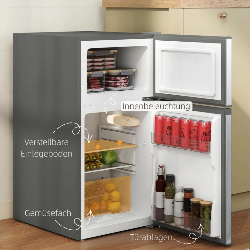 HOMCOM Mini Kühlschrank 88L mit Gefrierfach, Leiser Kühlschrank mit Obst- und Gemüsefach, Eiswürfelschale, Schaufel, Grau