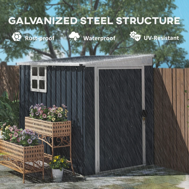 Outsunny 4 x 6ft Lean to Garden Metal Shed, Outdoor Storage Shed with Window, 2 Vents and Lockable Door for Patio, Dark Grey