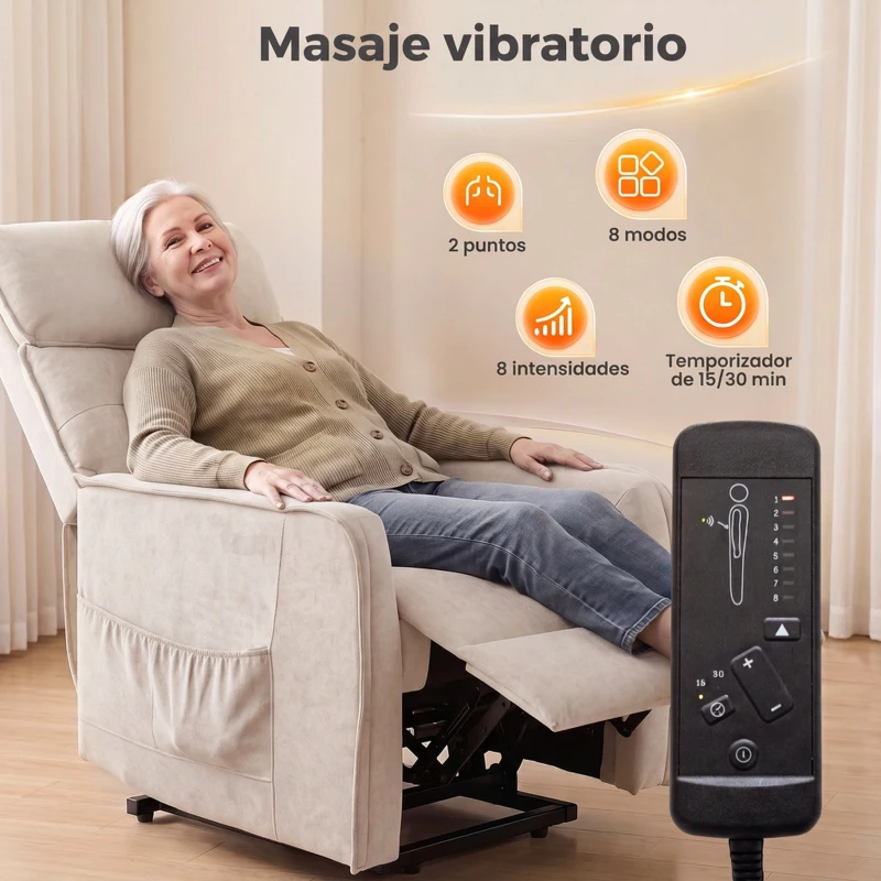 HOMCOM Sillón Relax Reclinable Eléctrico Levanta Personas con 2 Puntos Masaje Asiento con Muelles Reposapiés de Chenilla Crema