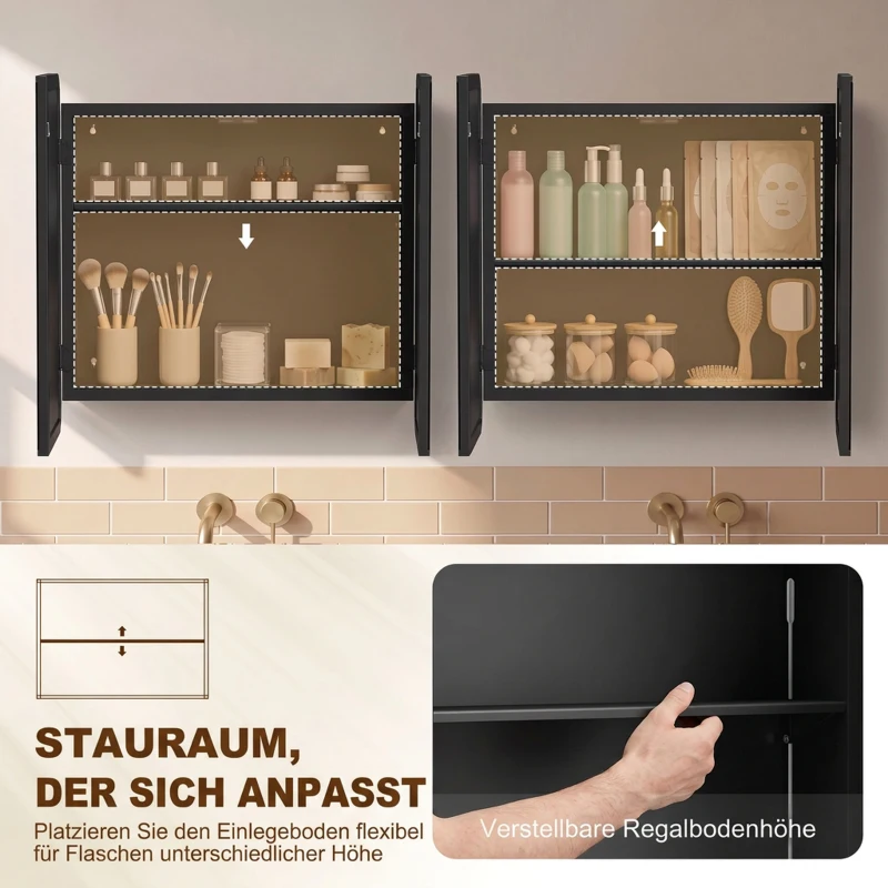 HOMCOM Wandgemonteerde badkamerspiegelkast met magneetdeur, zwart