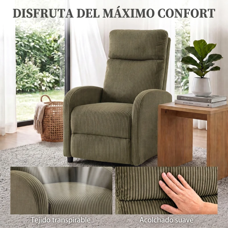HOMCOM Sillón Relax Reclinable de Pana hasta 135° Reposapiés Respaldo Alto Acolchado Grueso Montaje Fácil Verde Oscuro