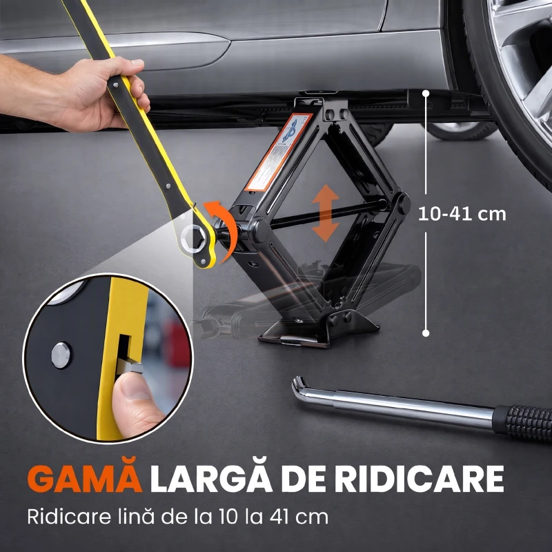 HOMCOM Cric Auto Tip Foarfecă 2,5 T, Kit 10-41 cm cu Chei, Negru