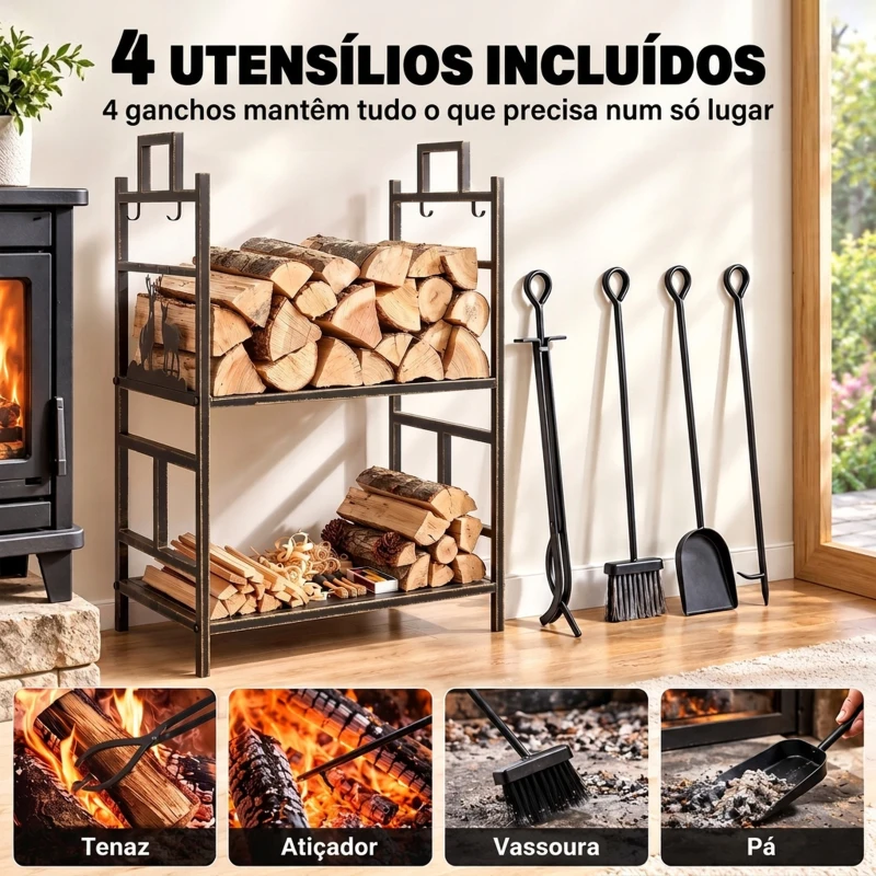 Outsunny Suporte para Lenha de Ferro Forjado de 2 Níveis com 4 Ferramentas para Interior e Exterior 51,5x33x77 cm Preto e Dourado