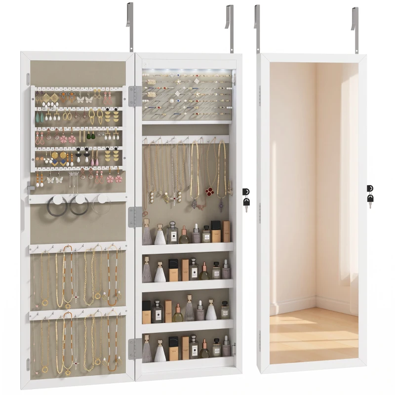 HOMCOM Armário para Joias de Parede com Luz LED, Espelho de Corpo Inteiro e Fechadura, Branco
