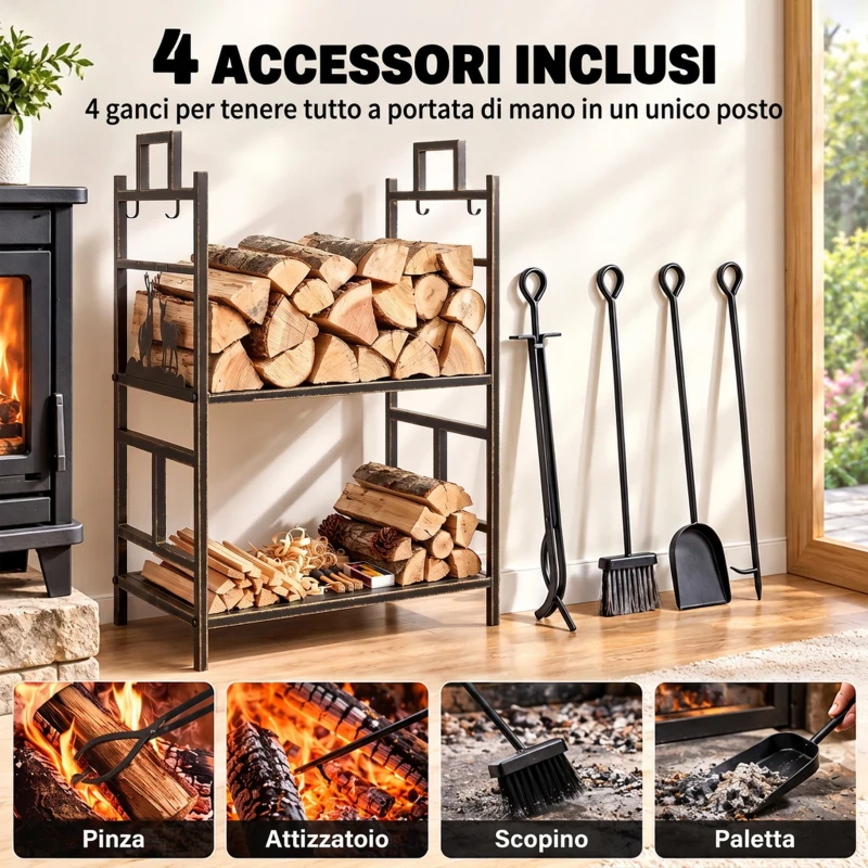 Outsunny Portalegna in Ferro Battuto con Attrezzi per Camino, Manici e Base Rialzata, 51.5x33x77cm, Nero