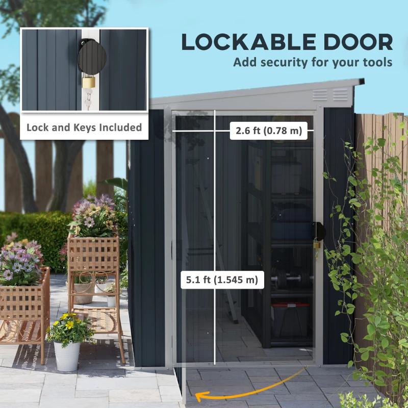 Outsunny 4 x 6ft Lean to Garden Metal Shed, Outdoor Storage Shed with Window, 2 Vents and Lockable Door for Patio, Dark Grey