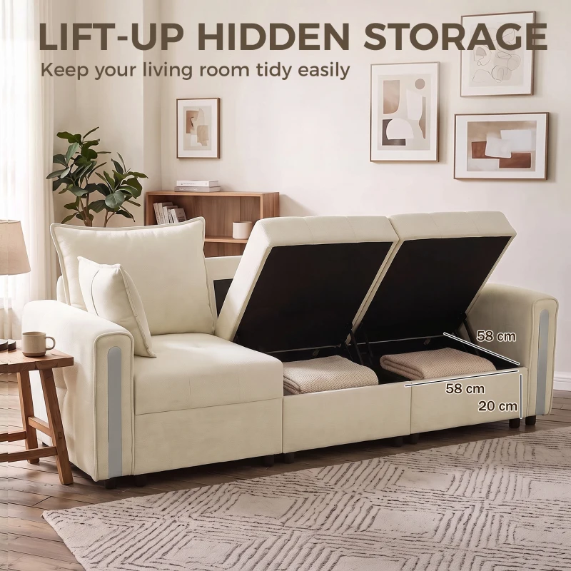 HOMCOM 3 Seater Sofa with Lift-Up Storage, 228cm Comfy Velvet Couch with Wide Deep Seat, Beige