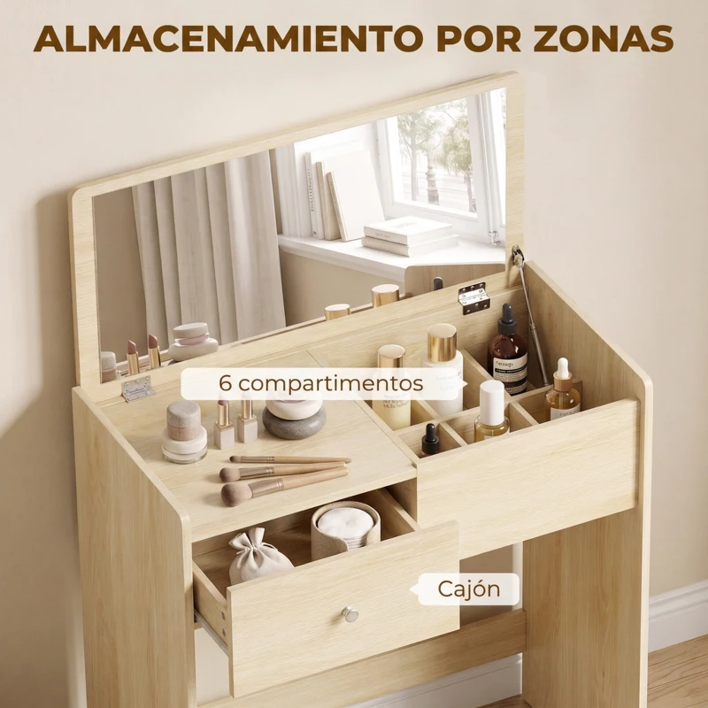 HOMCOM Tocador con Espejo Abatible y Taburete Mesa de Maquillaje con Cajón y 6 Compartimentos 81x40x117 cm Roble