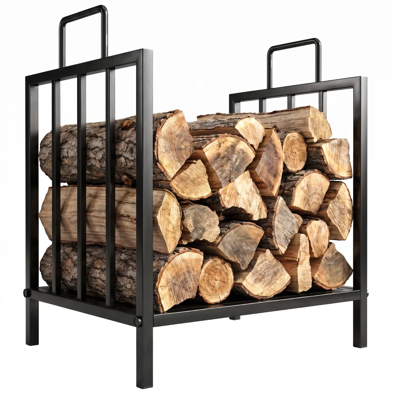 Outsunny Estante de Leña para Chimenea con Asas Leñero Interior y Exterior Almacenaje para Madera Soporte para Leña Tradicional Diseño Elevado 44,5x33x46,5 cm Negro
