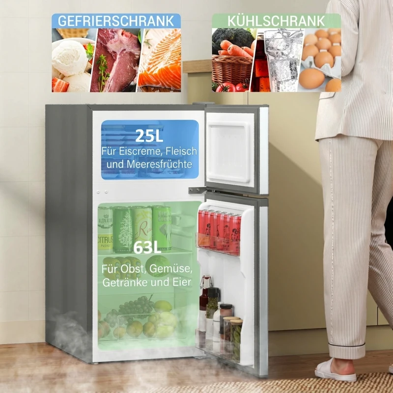 HOMCOM Mini Kühlschrank 88L mit Gefrierfach, Leiser Kühlschrank mit Obst- und Gemüsefach, Eiswürfelschale, Schaufel, Grau
