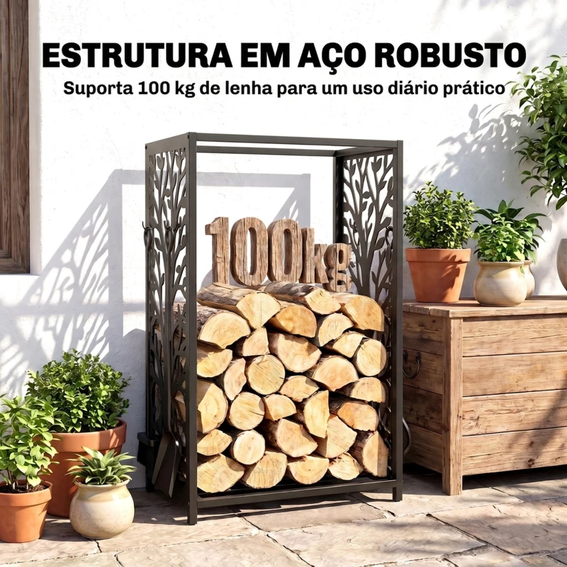 HOMCOM Suporte para Lenhas Suporte de Armazenamento para Lenhas 46x30x70 cm com 4 Ferramentas para Interior e Exterior Preto