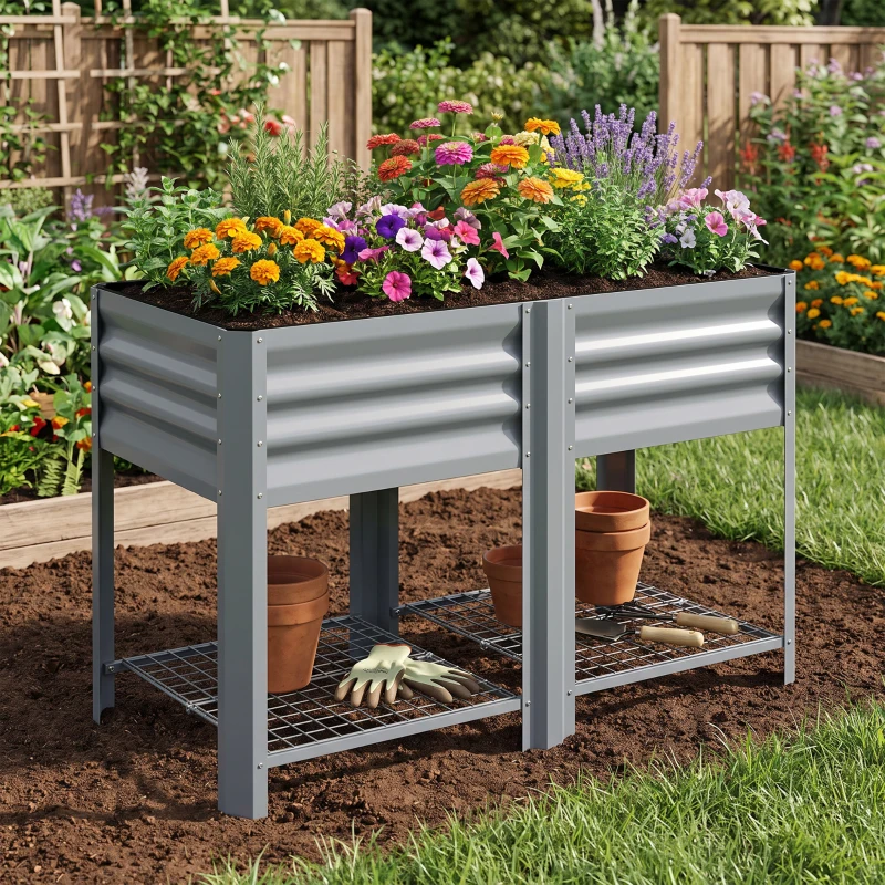 Outsunny Horta  Elevada com Prateleira Inferior, Mesa de Cultivo em Metal Galvanizado com Forro 120x55x80 cm Cinzento Prateado