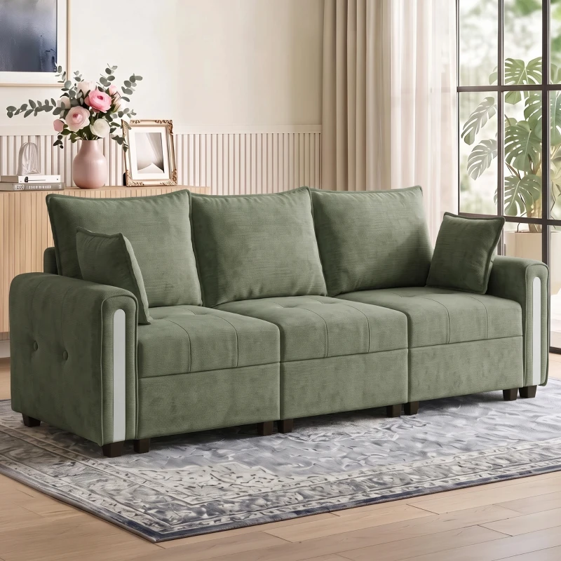 HOMCOM 3 Seater Sofa with Lift-Up Storage, 228cm Comfy Velvet Couch with Wide Deep Seat, Dark Green