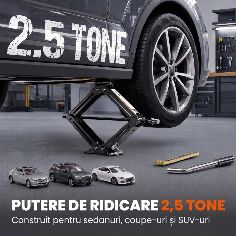 HOMCOM Cric Auto Tip Foarfecă 2,5 T, Kit 10-41 cm cu Chei, Negru