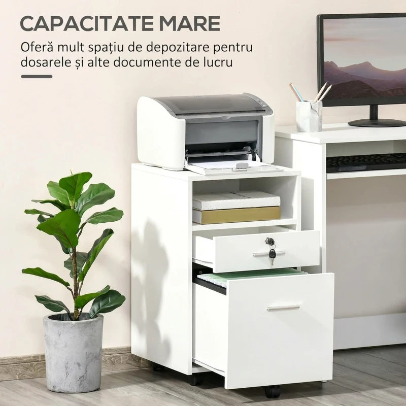 Vinsetto Dulap cu Sertare Blocabile, 2 Chei Incluse, cu 5 roti cu rotatie la 360°, cu 2 Chei, Alb