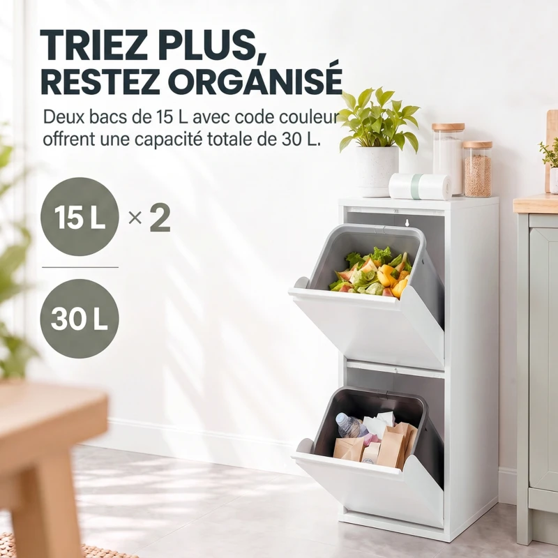 HOMCOM Meuble Poubelle de Tri Sélectif, Poubelle de Recyclage 30 L (2 x 15 L) avec 2 Compartiments, Fermeture Douce, Blanc