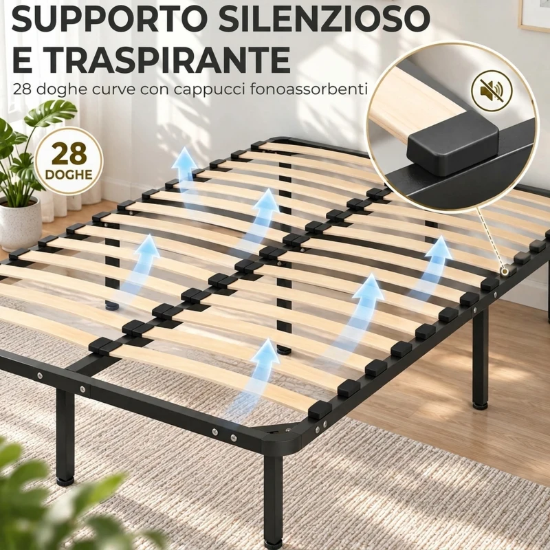 HOMCOM Struttura Letto Matrimoniale con 28 Doghe in Legno e Acciaio, 120x190x31 cm, Nero e Legno