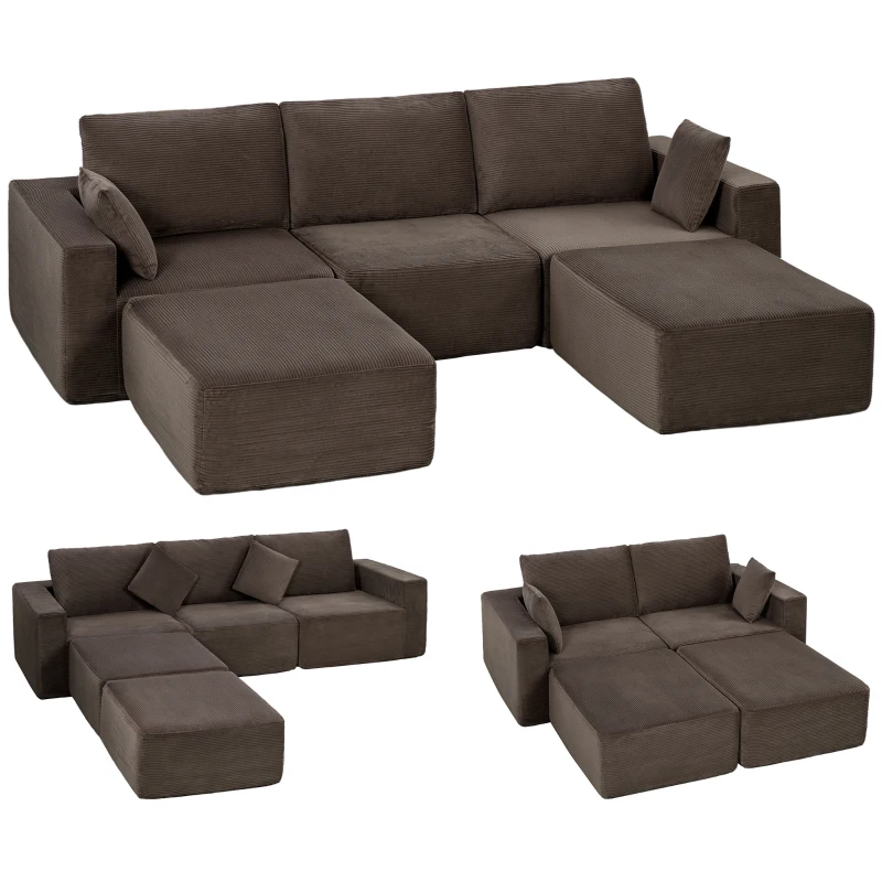 HOMCOM Sofa modułowa U 287 cm, bezramowa, szerokie i głębokie siedzisko, sztruks, pianka High Density, bez montażu, khaki