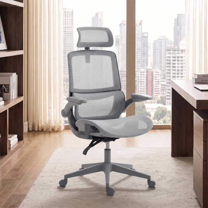 HOMCOM Cadeira de Escritório Ergonómica com Apoio Lombar Dinâmico, Reclinação 135°, Encosto de Cabeça e Apoios de Braços Ajustáveis, Cinzento