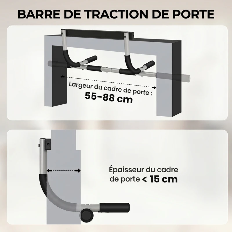HOMCOM Barre de traction - barre de porte - pull up bar - barre d'étirement musculation pour cadres de porte - acier gris